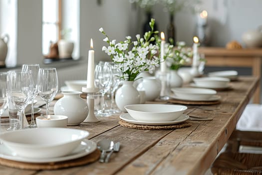 Modern wooden table setting in minimalist Scandinavian style, catering for birthdays, weddings, celebrations.