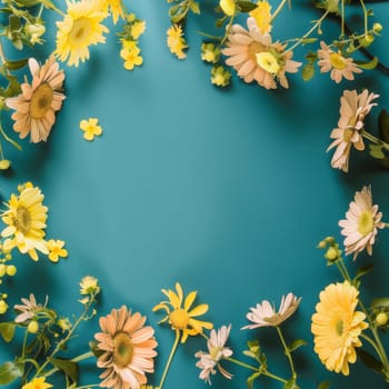 A creative arrangement of yellow and white flowers forming an elegant frame on a teal backdrop. Contrast of vibrant blooms against the cool hue creates an inviting space for text or design elements