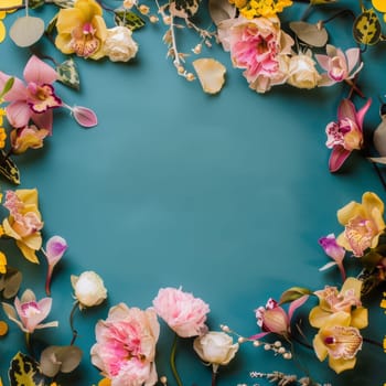 Vibrant flowers and leaves on a rich teal backdrop, crafting a message of love and nature's splendor. Orchids, peonies, and roses combine in a symphony of color and texture, inviting a celebration