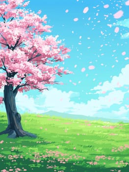 Cherry blossoms gently drift from a vibrant tree against a clear sky, symbolizing the fleeting beauty of spring.