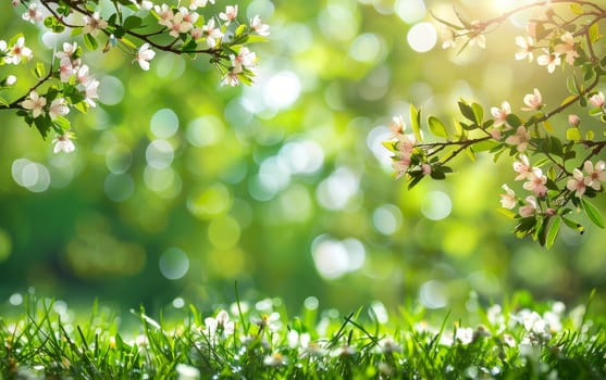 Delicate white blossoms bask in the soft sunlight, nestled against a backdrop of vivid greenery and a dew-kissed lawn.