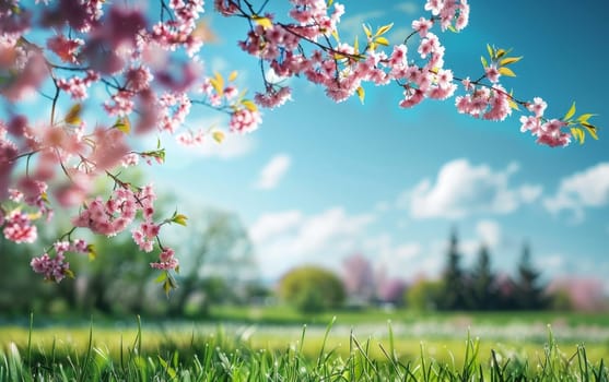 Cherry blossom branches overhang a lush meadow, a serene tableau of spring's awakening under a tranquil sky.