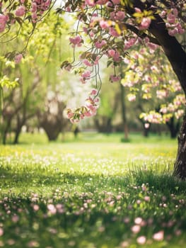 Cherry blossoms whisper the arrival of spring, gently falling onto a meadow dotted with daisies.