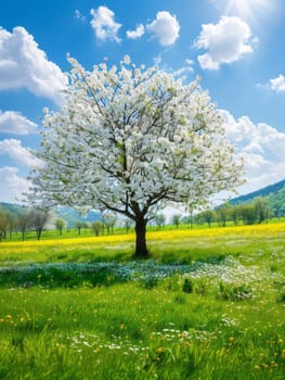 A lone tree adorned with white spring blossoms stands tall against a backdrop of rolling green fields under a sunny sky.