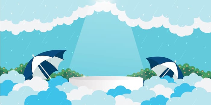 Monsoon sale podium with white fluffy clouds for products display presentation with clouds and raindrops. . High quality illustration