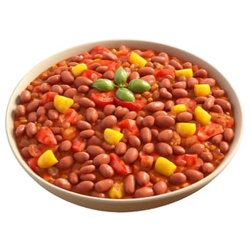 Veggie chili thick tomato base with red and pinto beans diced bell peppers isolated on. Food isolated on transparent background.