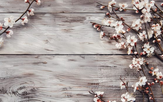 A serene floral wood, where delicate white blossoms lay scattered across rustic wooden planks, evoking a sense of calm and nostalgia.