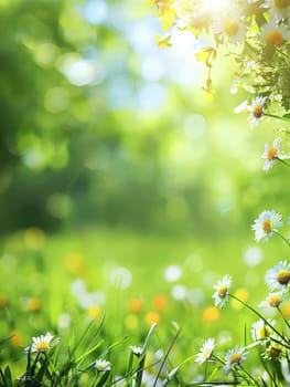 Soft bokeh effect enhances this image of a sunlit meadow sprinkled with daisies, evoking feelings of warmth.