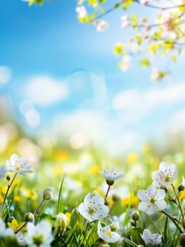 An ethereal backdrop with delicate white spring flowers in full bloom, complemented by a soft bokeh effect and sunlit glow. This dreamy scene captures the essence of spring and rejuvenation.