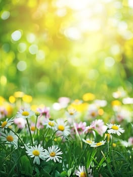 A vibrant scene of white daisies flourishing in a sun-drenched meadow. The warm sunlight creates a bokeh effect in the background, enhancing the natural beauty of the scene.