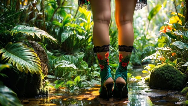 Rainforest Rendezvous A model with a tropical aura her stockings echoing rainforest patterns poised amidst.