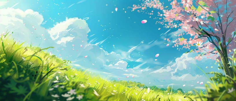 An anime-style illustration depicts a whimsical spring scene with petals dancing in the wind. The vibrant colors and dynamic sky convey a feeling of joyful serenity.