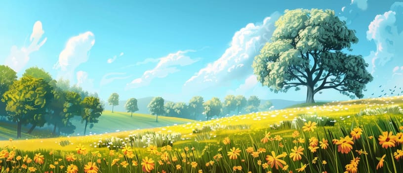 A sprawling tree stands tall in a field of daisies under a clear sky, its leaves gently swaying in the breeze. The scene exudes the warmth and tranquility of a sunny spring day.