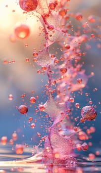 The picture shows a detailed view of pink liquid pouring into a glass filled with water under the sky