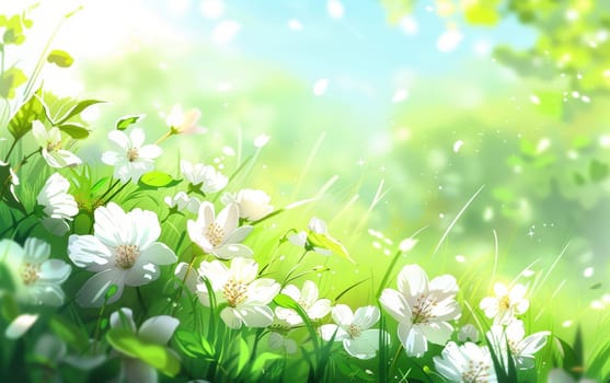 Soft white blossoms glow amidst a sunlit green backdrop in this anime-style artwork, creating a scene of pure springtime enchantment. Light particles add a magical touch to the tranquil setting.