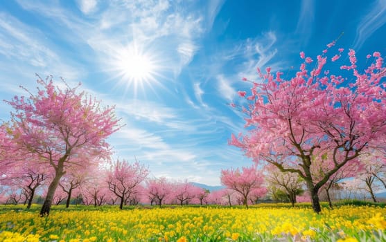 Cherry trees in full bloom stand against a vivid blue sky, with sunlight streaming through the petals. A carpet of yellow wildflowers adds a contrasting hue to the picturesque scene.