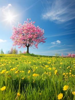 A solitary cherry tree stands in glorious bloom against a vivid blue sky, with a field of yellow flowers under the bright sun. It's a quintessential spring panorama.