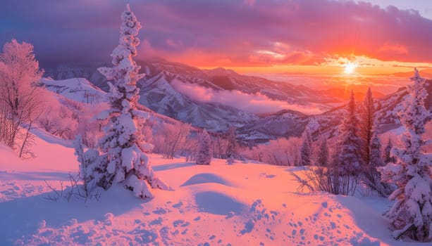 Snowcovered trees in a charming winter setting create a picturesque scene against a stunning sunset backdrop
