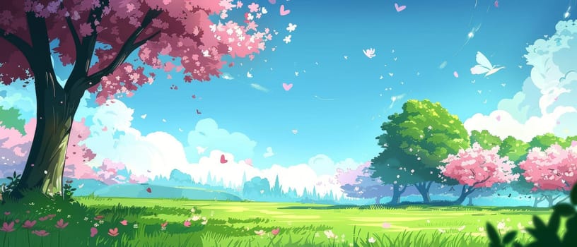 An anime-inspired landscape where cherry blossoms dance in the breeze under a clear blue sky. The whimsical scene captures the joyful essence of a serene, spring day.