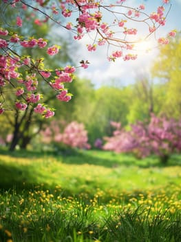 Cherry blossoms in full splendor arch over a lush springtime meadow. This enchanting landscape is a vivid celebration of spring's renewal and beauty.