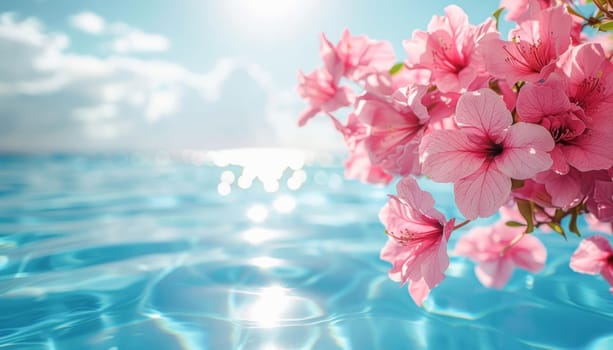 Delicate pink flowers gracefully drift on the waters surface beneath the vast sky, creating a serene scene in nature