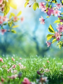 Pink spring blossoms dangle gracefully over a field of fresh, dewy grass, embodying the tender embrace of the season.