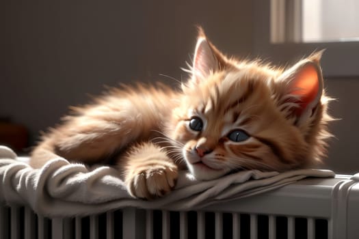 cute fluffy kitten sleeping under a blanket .