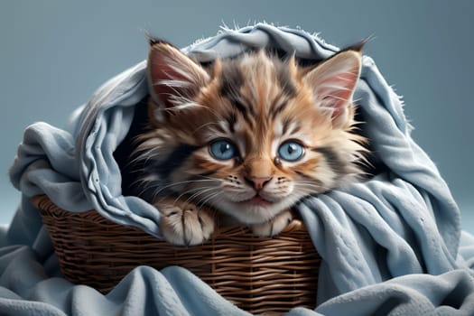 cute fluffy kitten sleeping in the laundry basket .