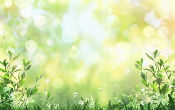 A lush carpet of greenery punctuated with delicate white flowers ushers in the verdant splendor of spring under a bokeh sunlight.