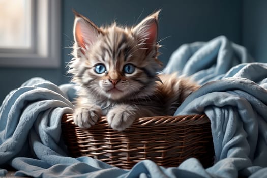 cute fluffy kitten sleeping in the laundry basket .