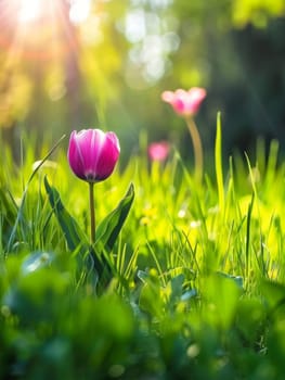 Radiant tulips rise from the green embrace of spring, serenaded by warm sunlight and the promise of new beginnings.