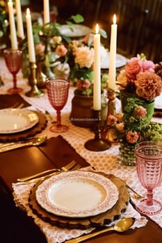 Romantic holiday tablescape, formal dinner table setting, table scape with pink country style decoration for wedding and event celebration, post-processed, generative ai