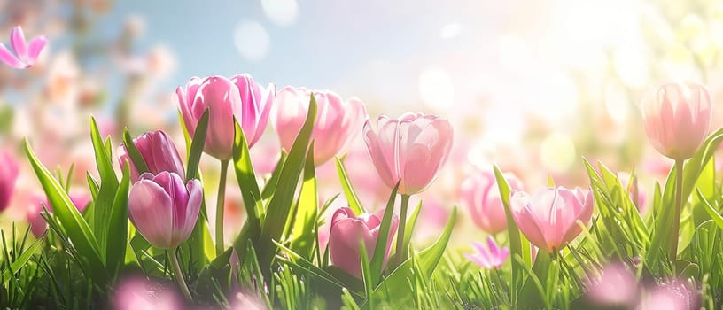 A vibrant bed of pink tulips under a sunny sky heralds the arrival of spring. The panoramic image captures the blossoms' beauty in an expansive, dreamlike setting.