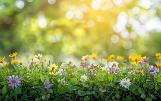 A soft carpet of daisies and wildflowers basks in the golden sunshine, creating a serene and inviting spring meadow.