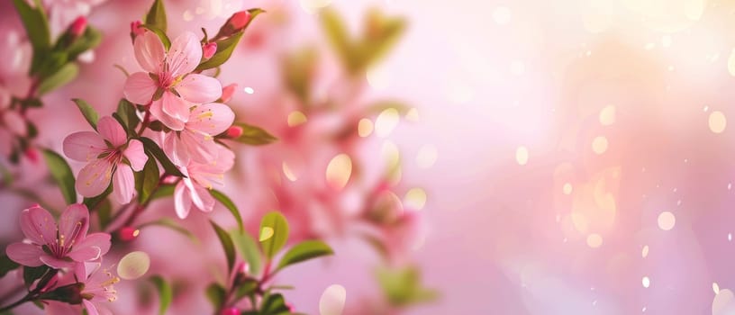 Soft pink blossoms emerge into a radiant glow, accented by light leaks and bokeh, evoking a sense of serene springtime splendor.