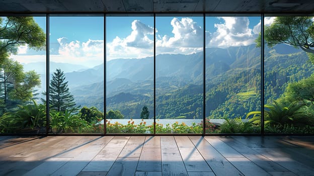 Interior of a room with a panoramic window and mountain views.