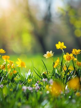 The sun's golden rays illuminate a field of buttercups, capturing the essence of a bright and cheerful spring day.