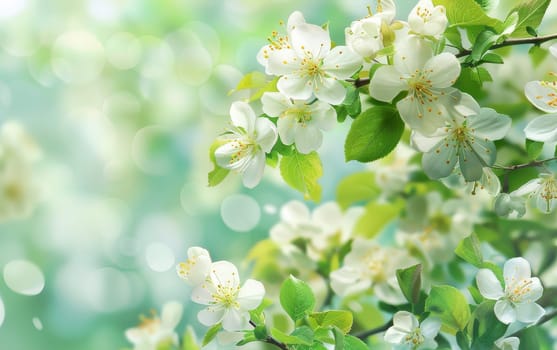 Delicate white blossoms on spring branches shine against a canvas of soft green bokeh, symbolizing rebirth and purity.