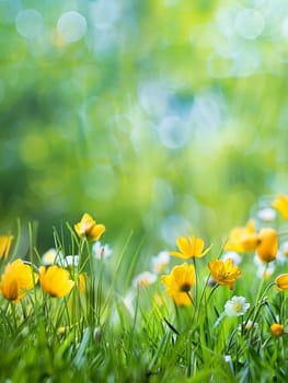 Gleaming dewdrops settle on vibrant yellow buttercups, nestled in a lush meadow under a dreamy bokeh light.