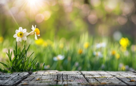 Warm sunlight cascades over daffodils growing beside weathered wooden planks, merging rustic charm with the freshness of spring.