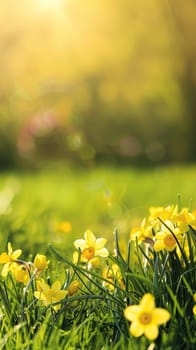 Golden hour brings life to a field of daffodils, their yellow hues vibrant against the lush green. The setting sun casts a warm glow, enhancing the flowers' joyful presence.