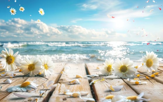 White daisies with a soft glow are scattered across a wooden boardwalk overlooking a sparkling sea. Petals and seashells complement the tranquil ocean backdrop, creating a serene escape.