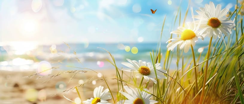 Golden sunlight filters through beach grass, highlighting daisies and fluttering butterflies near the ocean. This idyllic scene captures the essence of summer with a touch of whimsy.