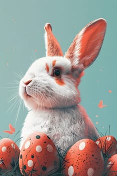 A white Rabbit is peacefully sitting amidst a pile of Easter eggs, blending in perfectly with the holiday theme. Its a whimsical and artistic scene, perfect for the festive event