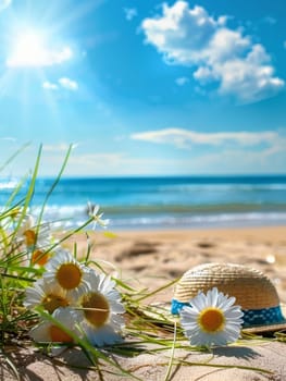 A straw hat rests among daisies on a sun-kissed beach, symbolizing leisure and the simple joys of summer. The scene is a serene mix of natural elements and holiday relaxation.