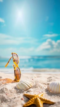 A pair of sunglasses stands sentinel on the sandy shore, flanked by starfish and seashells, under the watchful gaze of the summer sun.