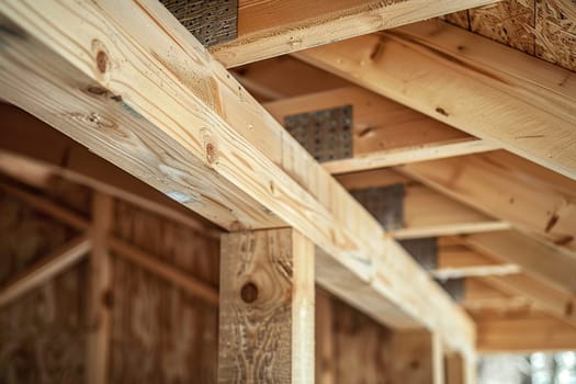 New house construction, close-up of a wooden ceiling frame.