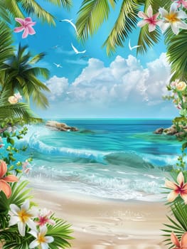 A vibrant tropical beach framed by palm fronds and flowers, with waves gently breaking on the shore and seagulls soaring above.