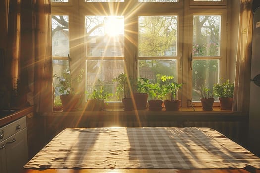 The sun's rays flood the kitchen table at dawn. Vintage kitchen interior.