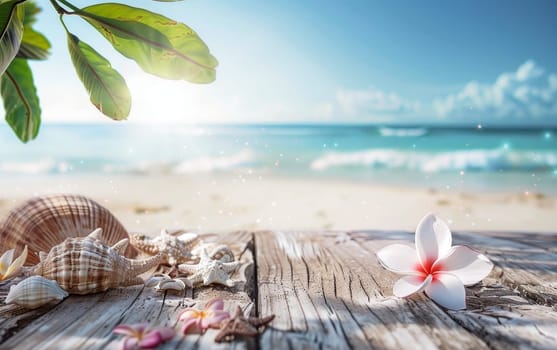 A serene coastal scene with shells and a frangipani flower resting on weathered wooden planks against a backdrop of a soothing beach and sparkling sea.